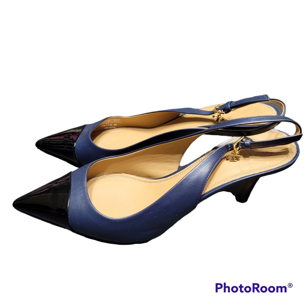 Tory Burch Navy Blue Leather Penelope Cap Toe Heels